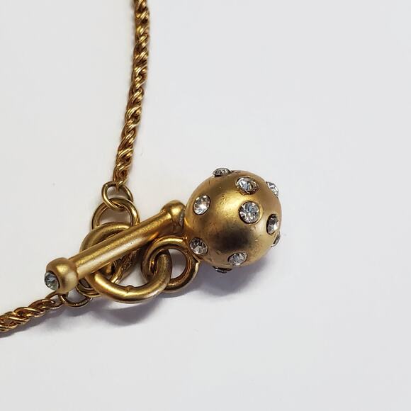 Matte Gold Tone Clear Rhinestone Studded Bead Toggle Necklace 17" - Picture 5 of 6